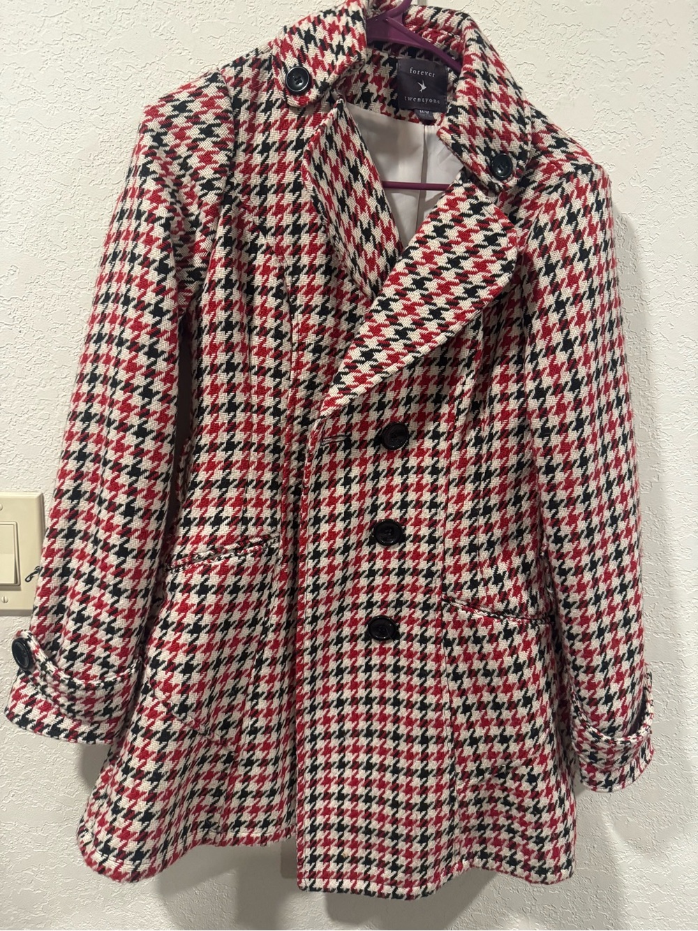 Forever 21 Red, Black & Cream Houndstooth Peacoat